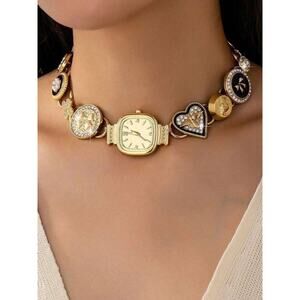 Gold Watch Charm Necklace Crystal Heart Y2K Luxe Statement Choker